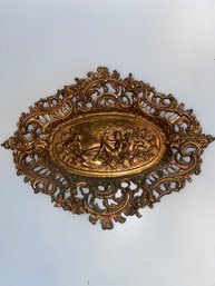 Burnished Gold Cast Iron Art Rococo Footed Tray, With Ornate Reticulated Border