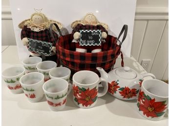 Holiday Mugs, Teapot, Angels, Basket