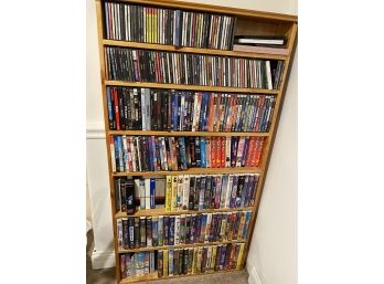 CDs, DVDs, VHS Including Wooden Shelf