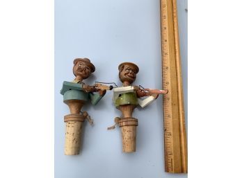 Two Vintage ANRI Mechanical Wood Bottle-stoppers - Violin Players