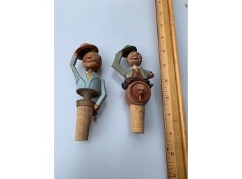 Two Vintage ANRI Mechanical Wood Bottle-stoppers - Taking Off Hats