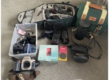 Large Lot Of Cameras With Canon Rebel, Lenses, Carry Bags