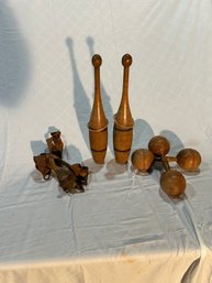 Wooden Ice Skates And Wooden Circus Pins