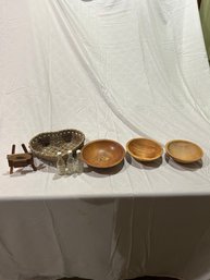 3 Wooden Bowls, Wicker Heart Basket And A Piece Of Wood Signed Art