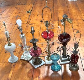 Vintage Grouping Of Table Lamps Etched Marble Base Cranberry Glass, Milk Glass, Blue Oil Lamp And Crystal