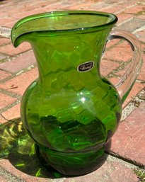 Vintage Bischoff Handblown Green Glass Pitcher With Original Label