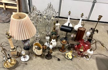 Large Lot Of Vintage And Antique Glass, Brass, Wooden Alabaster Alabaster Untested Lamps