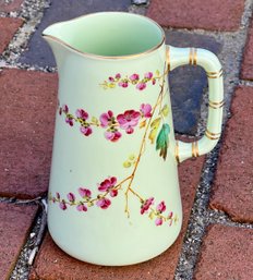 Vintage Porcelain European Green Asian Floral Pitcher With Gold Bamboo Handle