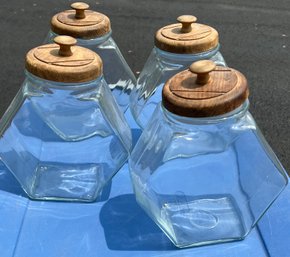 Set Of 4 Vintage Clear Glass Old Fashion Penny Candy Cookie Jars With Lids