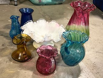 Mixed Vintage Lot Of Colored Glass, Includes Cranberry, Cobalt Crackle And More
