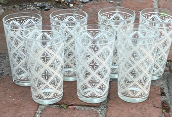 Vintage Set Of 4 Mid Century 10 Oz Tumblers White Geometric Pattern