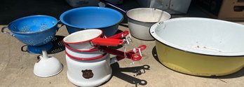 Vintage Lot Of Enamelware Blue Yellow Red Rim