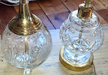 Pair Of 2 Different Cut Crystal And Brass Lamps One Is Marked Waterford