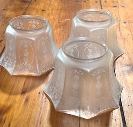 Set Of 3 Vintage Frosted Acid Etched Collectible Scalloped Bell Shaped Glass Lamp Shades 5'