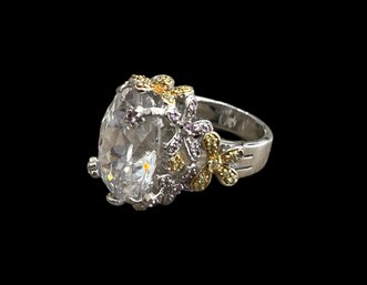 Vintage Clear Stone Gold Flower Accents Statement Ring Size 8.5