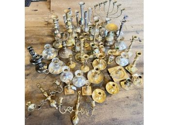 Large Mixed Lot Of Metal Silver Plated, Pewter And Brass Candle Holders Over 70lbs Good Resale