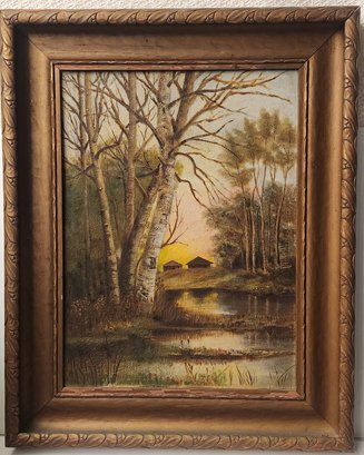 Antique Oil Painting On Board Depicting Cabins Overlooking River