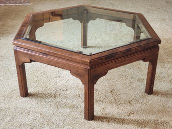 Ethan Allen Octagonal Cocktail Table With Beveled Glass Insert