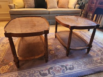 Pair Of Fruitwood End Tables With Beautiful Burlwood Wood Veneer Tops