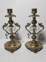 Pair Of Brass Candlestickswith Cut Crystal Accents