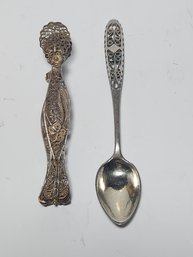 Hand Crafed Pierced Spoon With Filigree Work And Pair Of Silver Filigree Sugar Tongs As Is(45.2 Grams)