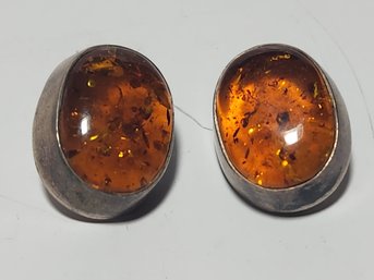 Pair Of Sterling Silver And Amber Earrings