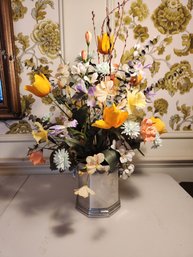 Vintage Cast A Woman On Ice Bucket With Silk Flour Arrangement