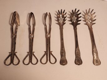 Three Pairs Of Silver Plated Serving Tongs And Three Pairs Of Silver Plated Pasta Service