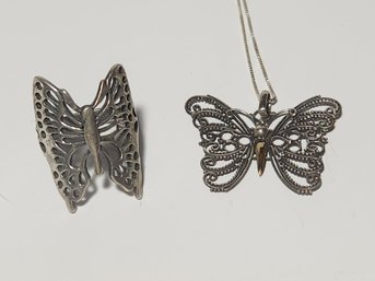 Sterling Silver Butterfly Ring And Sterling Silver Butterfly Pendant With 24' Chain