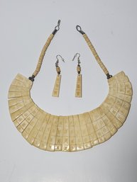 Decoratively Carved 12' Asian Bone Necklace With Matching Earrings