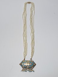 18' 5 Strand  Pearl Necklace With Beautiful Enamel Pendant