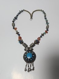 Hand Crafted 16' Indian Silver And Turquoise Necklace With A Variety Of Stones