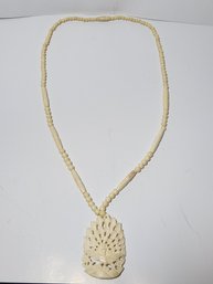 Beaded And Carved Bone Necklace With Carved Peacock Tendent