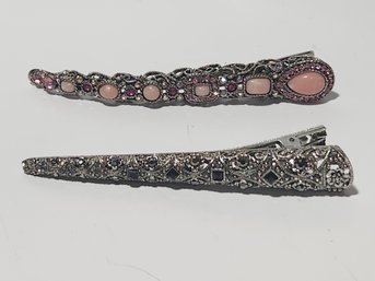 Two Ornate Silver Banana Hair Clips With Multicolor Rhinestones