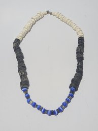 18' Beaded Bone And Blue Tiger Eye Necklace