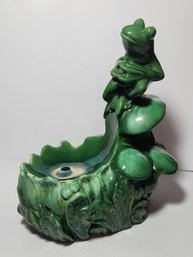 Vintage Green Glazed Pottery Frog On Toad Stool Fountai