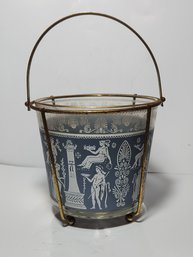 Mid Century Jeanette Glass Hellenic Grecian Ice Bucket In Brass Finished Steel Holder.