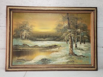 Oil Painting On Canvas Of Dusk In The Forest Signed S.Linsey