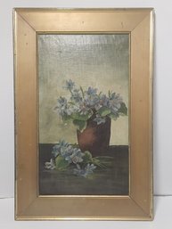 Floral Still Life Painting Of Flowers In Redware Crock