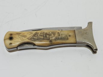 El Diablo Pocket Knife With Scrimshaw Handle Depicting Whaling Motifs