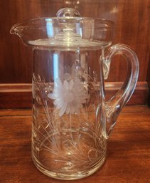 Hand Blown Floral Cut And Etched Lidded Water Pitcher