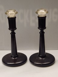 Pair Of Mahogany And Glass Candle Sticks