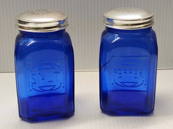 Pair Of Square Cobalt Blue Glass Salt And Pepper Shakers