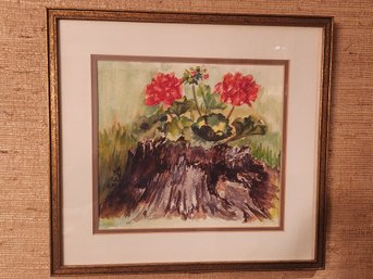 E.M.Le Dory Watercolor Painting  Of Flowers And Tree Stump