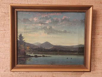 19th Century Oil Painting On Canvas Of Lake With Mountain View