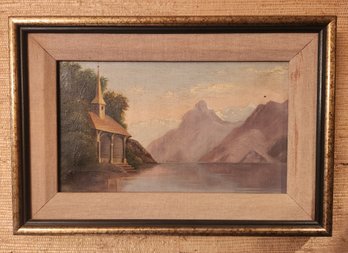 19th Century Oil Painting On Canvas Painting Of Alpine Lake