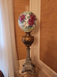 Ornate Electrified Victorian Banquet Lamp With Hand Painted Globe