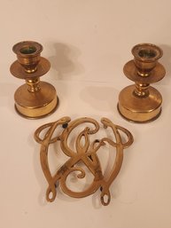 Virginia Metal Crafters Trivet And Pair Of Wieghted Brass Candle Holders