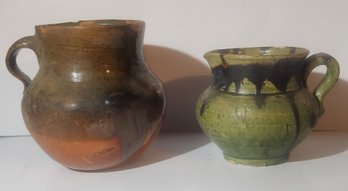 Hand Crafted Green Glazed Pitcher And Redware Vessel