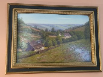 Ninteenth Century Oil Painting On Board By Frank Wil Depicting Two Homes In A Valley Entitled Peaceful Valley'